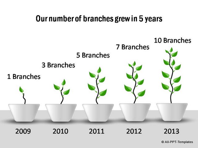 Branch growth shown in 5 stages