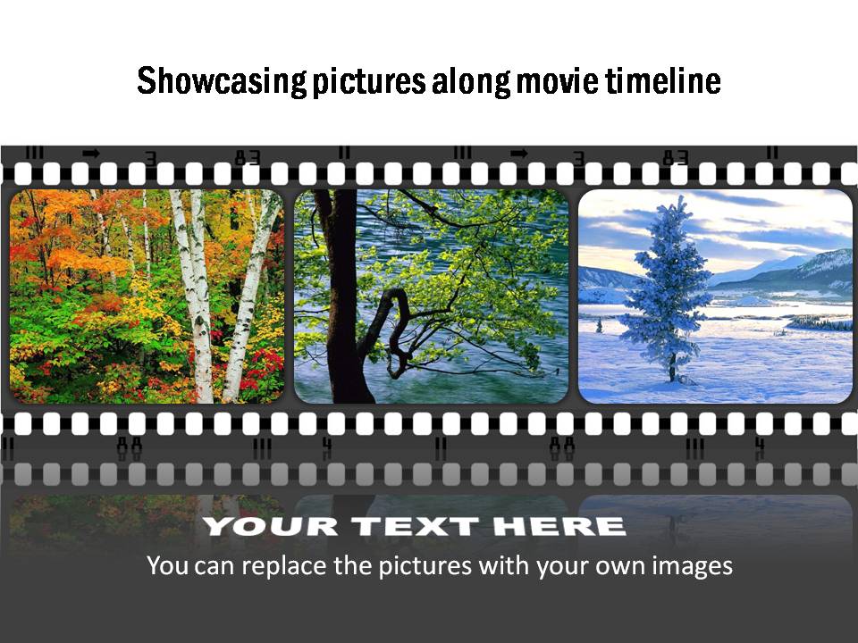 Template to showcase pictures along a movie strip. You can replace the photos easily.