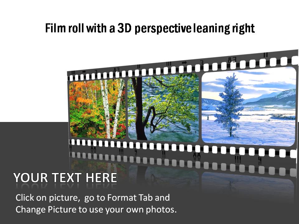 Film roll style timeline templates with a 3D perspective to the right. Useful to show events for 3 periods.