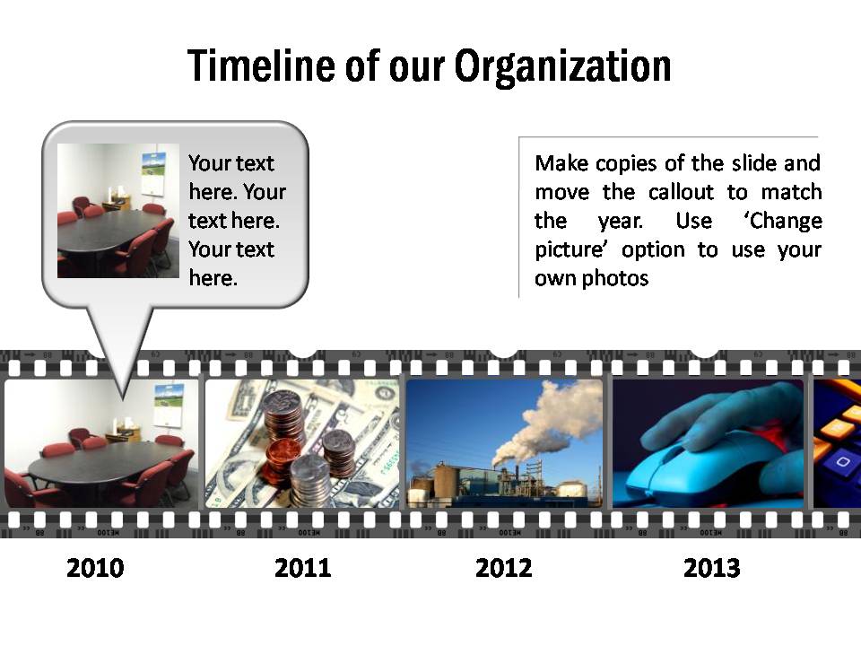 Timeline of an organization with photos displayed in movie strip and with editable callouts.