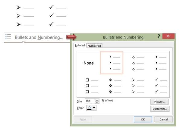 PowerPoint Bullets and Numbering options