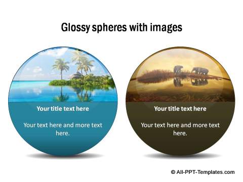 Glossy spheres with images and text