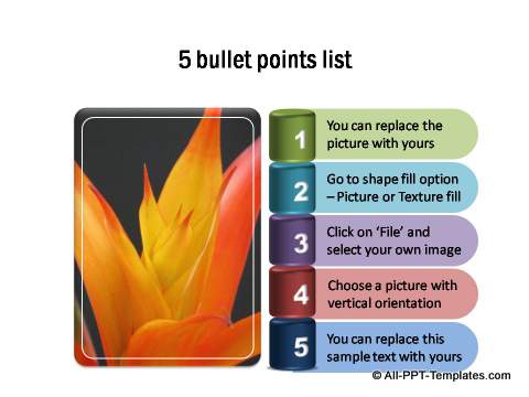 5 bullet points list with numbers on 3D shapes