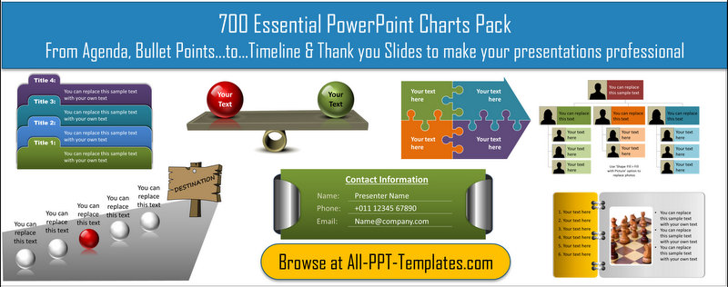Download 700 Essential PowerPoint Charts in 1 pack. Everything from Agenda, Bullet points to Timeline and Thank you slides to make presentations professional