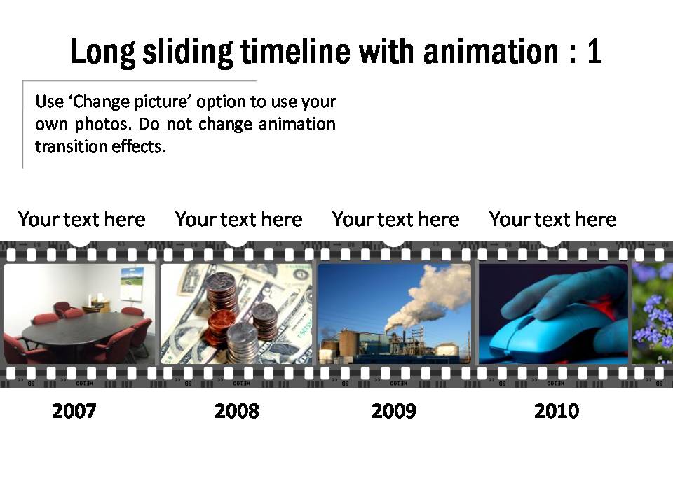Timeline of an organization with photos displayed in movie strip and with editable callouts.