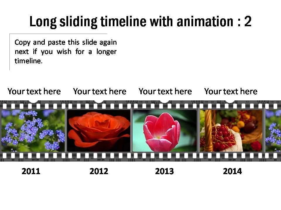 Long sliding 8 period timeline with animation. There are 2 related slides that will work together.