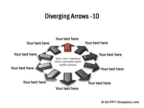 10 block arrows in 3D diverging from center